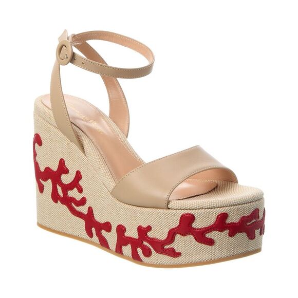 Gianvito Rossi Malia Canvas & Leather Wedge Sandal Beige